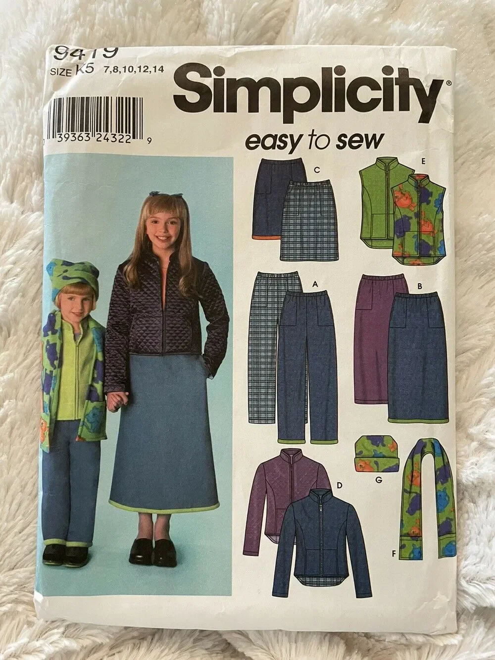 Simplicity easy Pattern 9419 Girls' PANTS, SKIRT, JACKET, VEST & HAT 7-14 Uncut